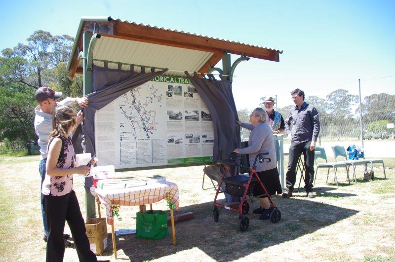 Marion Riley unveiling the Historical Trail Sign...